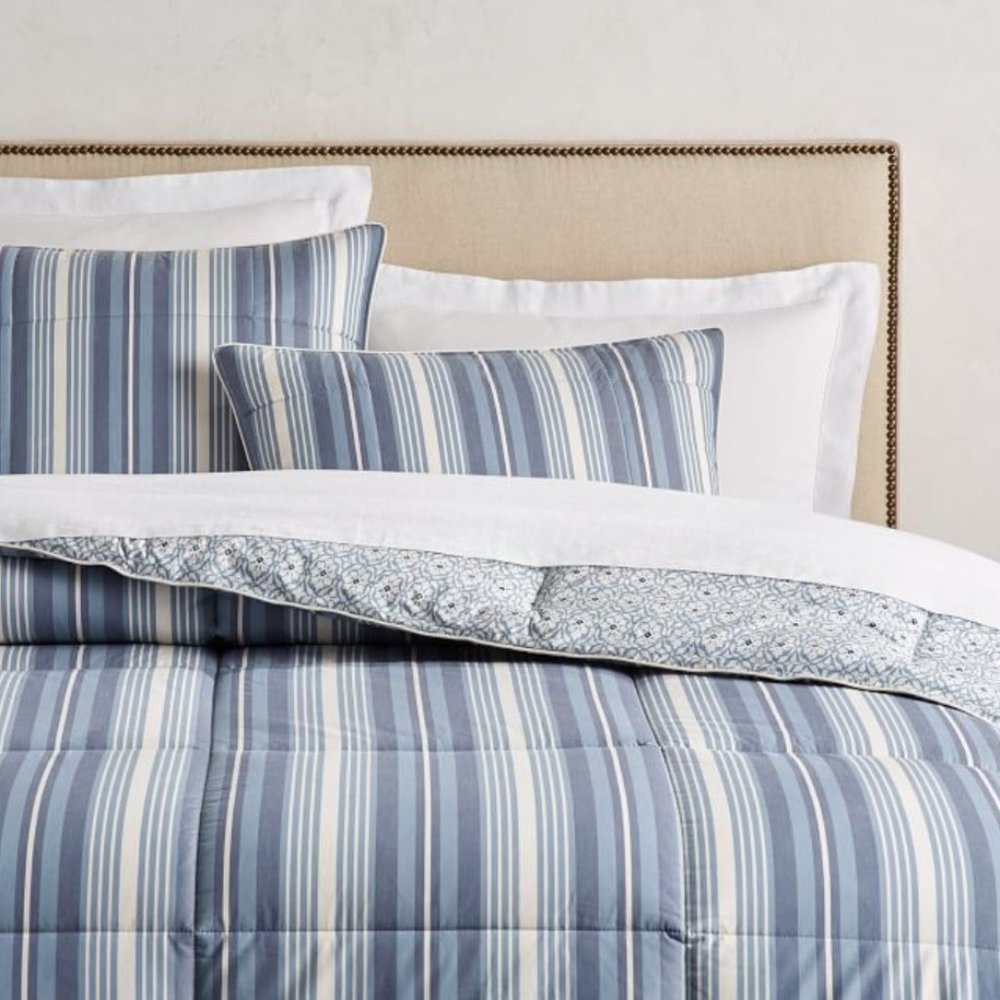 Two Pottery Barn Standard Pillow Shams Meredith Reversible Blue Stripe N…